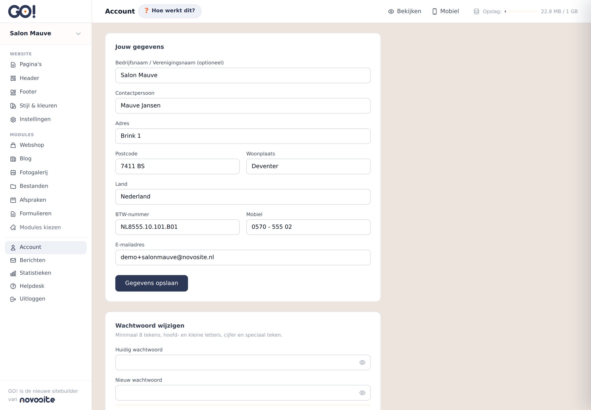 De accountpagina met bedrijfsgegevens en wachtwoord