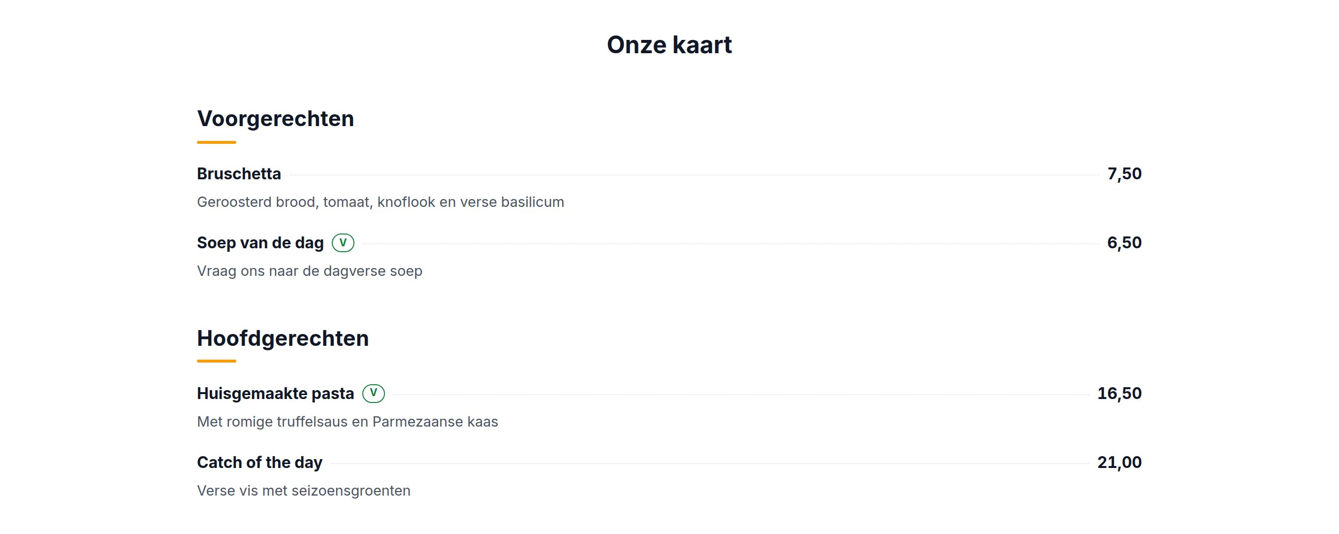 Voorbeeld van het blok Menukaart