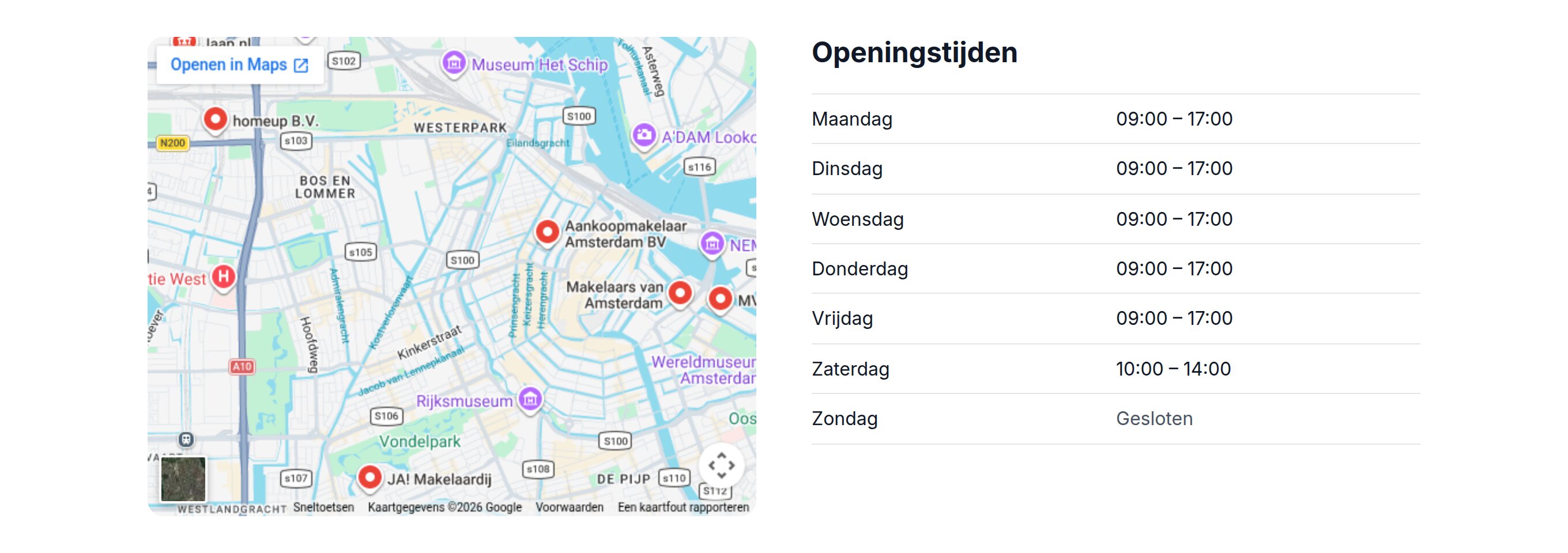 Voorbeeld van het blok Openingstijden