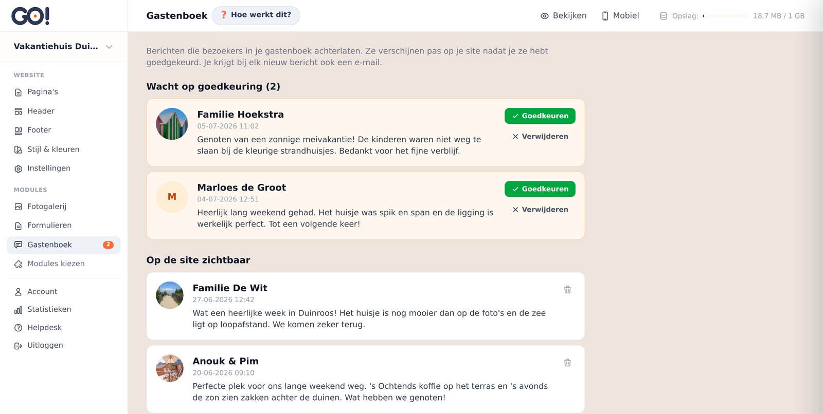 Het beheerscherm van het gastenboek met een bericht dat op goedkeuring wacht
