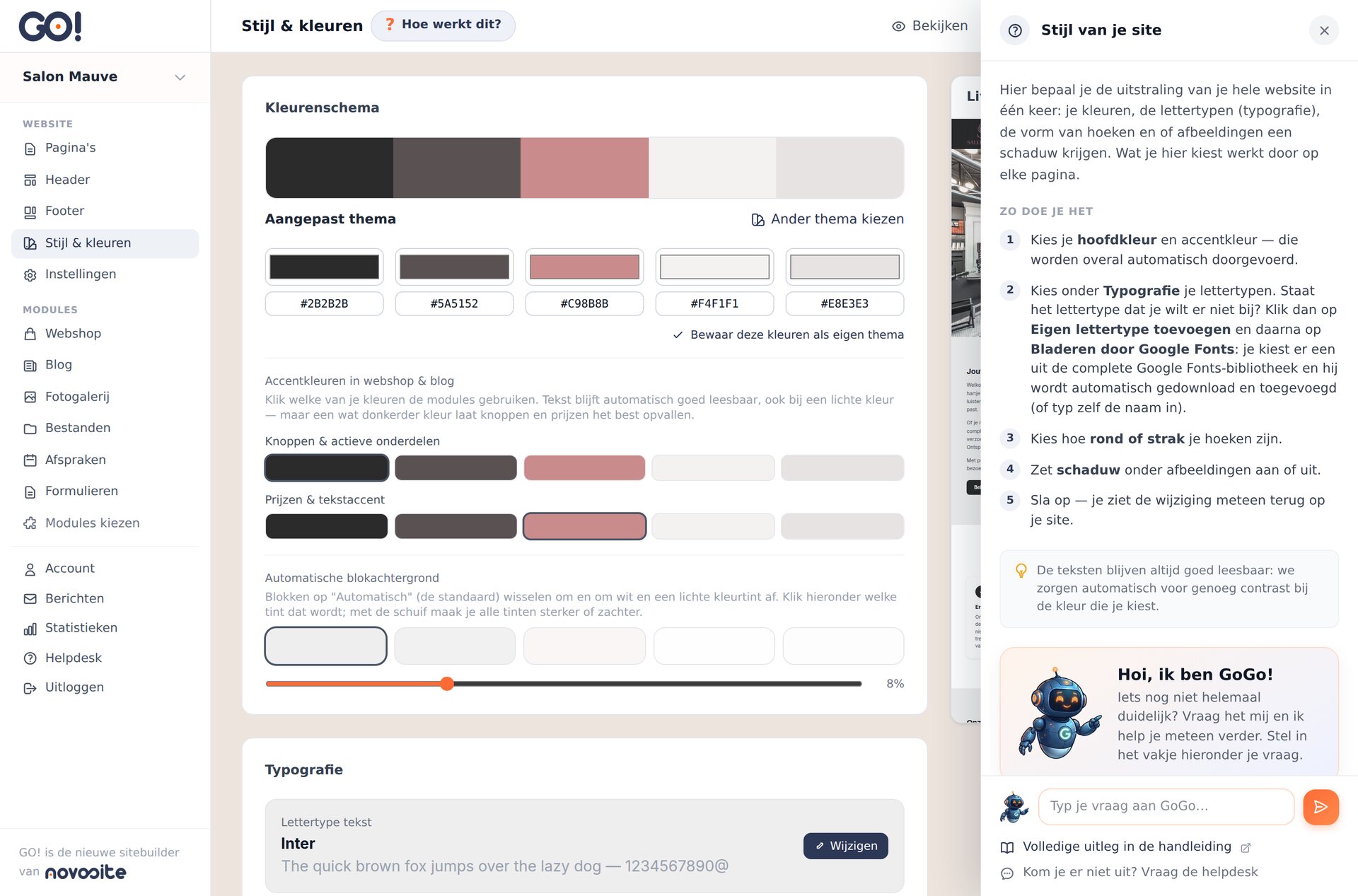 Het hulppaneel Hoe werkt dit? met uitleg per scherm en de chatassistent GoGo