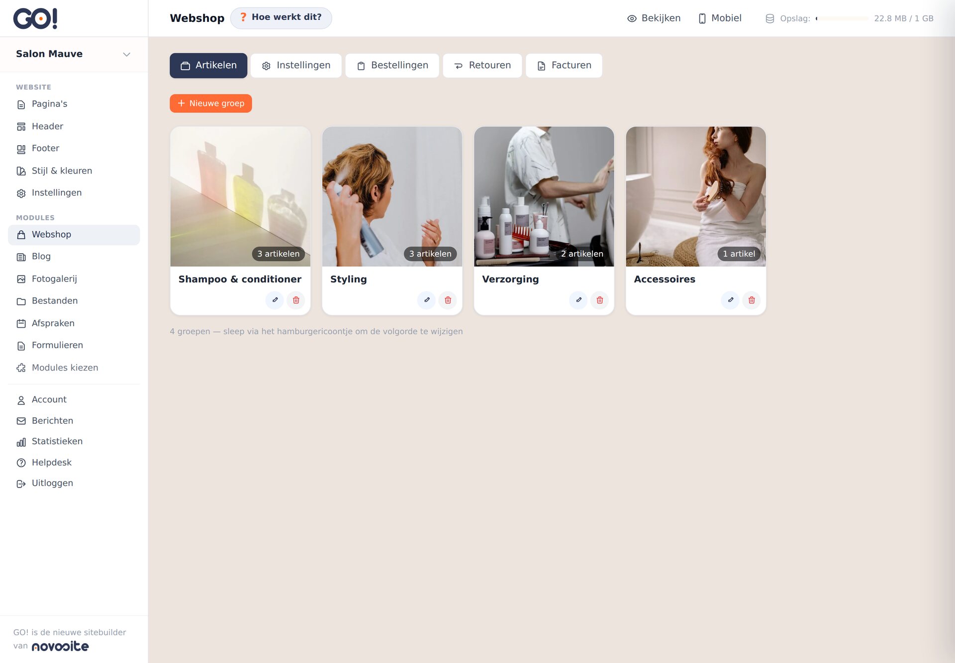 Het webshop-overzicht met productgroepen