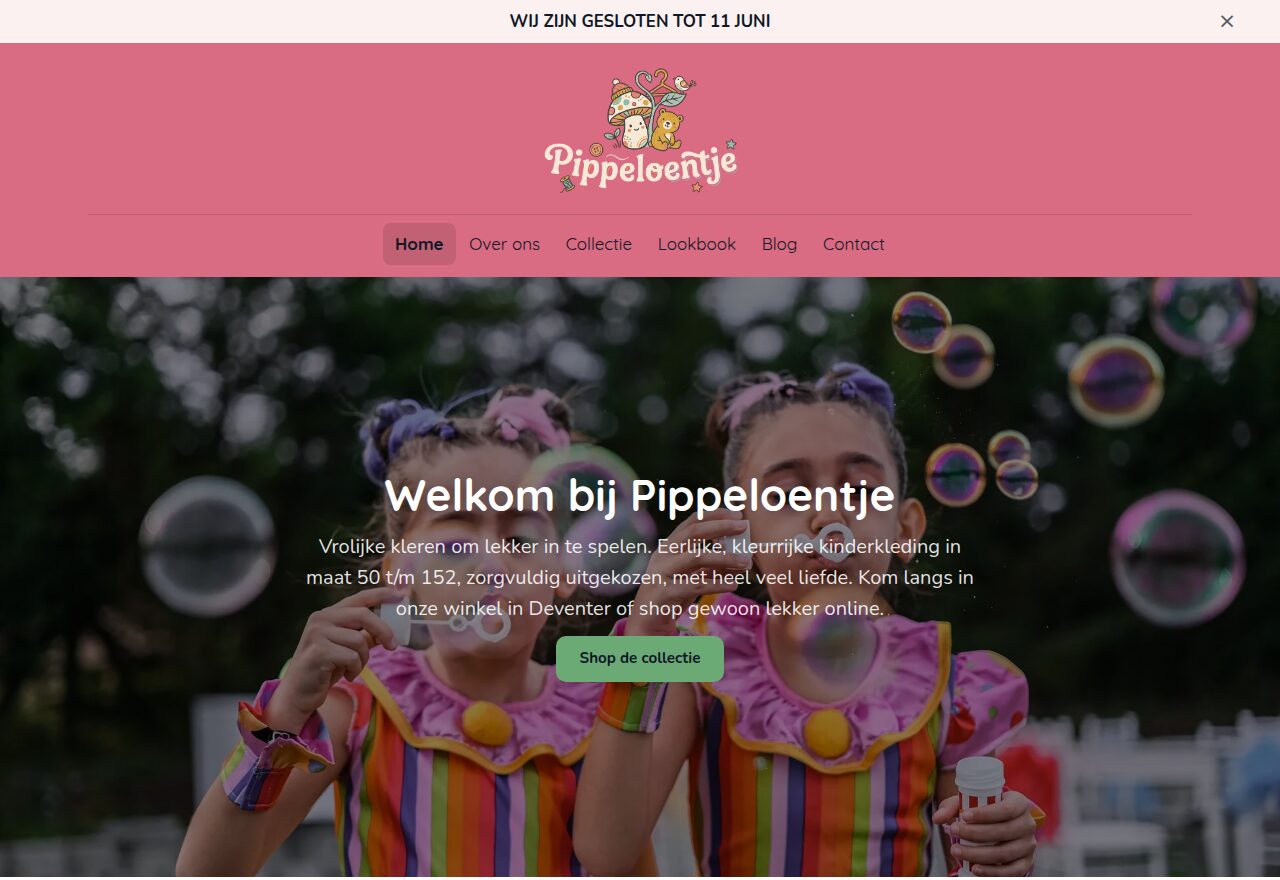 Voorbeeld van een webshop-website gemaakt met GO!: Pippeloentje Kinderkleding