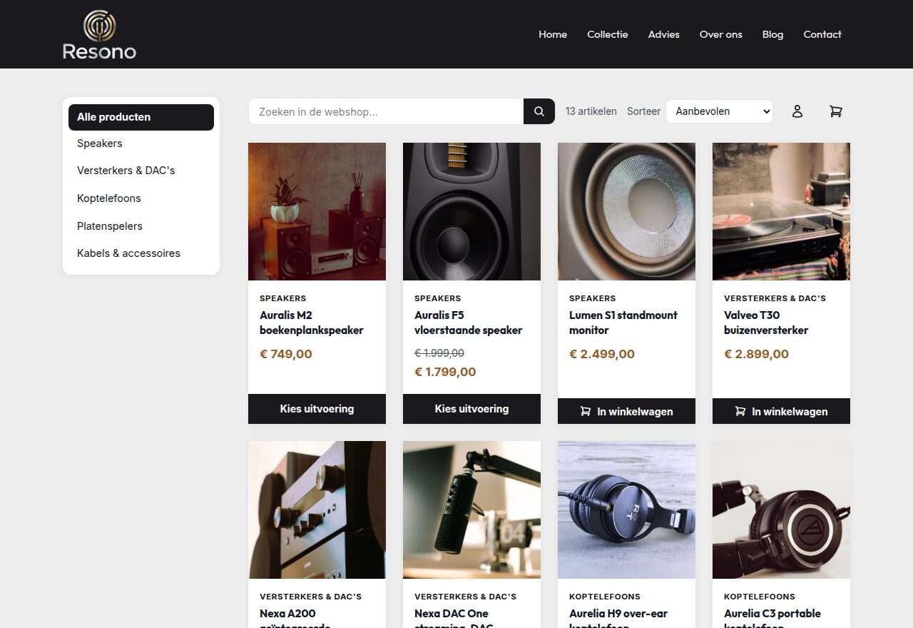 Voorbeeld van een winkel-website gemaakt met GO!: Resono Audio